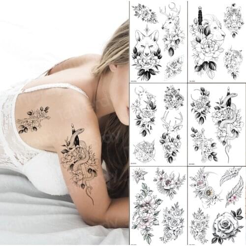Sketch Flower Peony Rose Waterproof Temporary Tattoo Sticker Black Tattoos Body Art Arm Hand Girl Women Fake Tatoo 6pcs/lot
