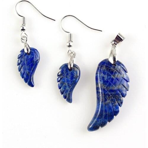 FYJS Unique Party Gift Lapis Lazuli Angel Wing Pendant Drop Earrings Silver Plated Jewelry Sets