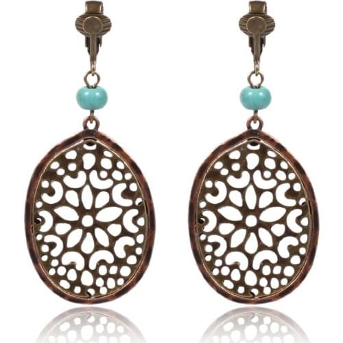 HC Vintage Oval Hollowed Flower Drop Earrings Long Women Antique Jewelry Earrings Bohemian Blue Stone Dangle Earring Girl Gift F