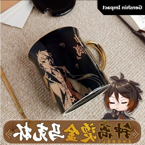 NEW Anime Genshin Impact Zhongli Ceramic Mug Cup Coffee Water Cup Gold Stamping Men Women Spoon+Cup lid +Cup Fashion Xmas Gift