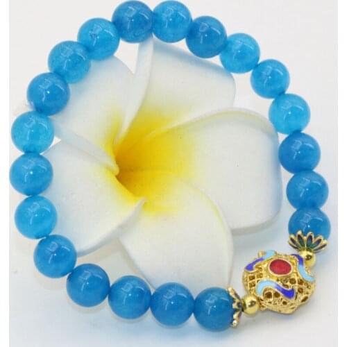 Classical high grade blue chalcedony natural stone jades beads 8mm round bracelets party gifts women girls jewelry 7.5inch B2688