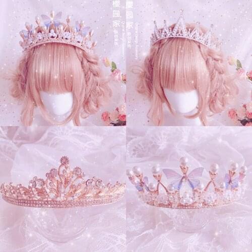 Sweet Princess Crown Hair Accessories European Court Vintage Pearl Butterfly Rhinestone Hair Crown Teenage Heart Crown Headdress