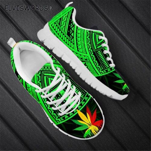 ELVISWORDS Solid Color Polynesian Jamaican Leaves Design Ladies Stylish Comfortable Sports Shoes Casual Womens Sneaker Flats
