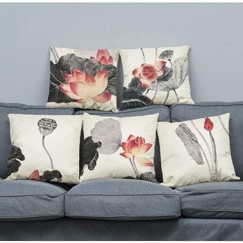 18" Square Chinese Ink Painting Asian Decor Style Sofa Throw Pillow Home Decorative Lotus Flower Cushion Covers Linen Pillowcase