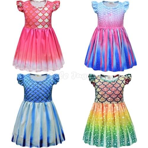 2-8 Y Girls Cosplay Mermaid Fish Scale Colorful Printed Dress Summer Lovely Flying Sleeve Kids Dresses C27M255