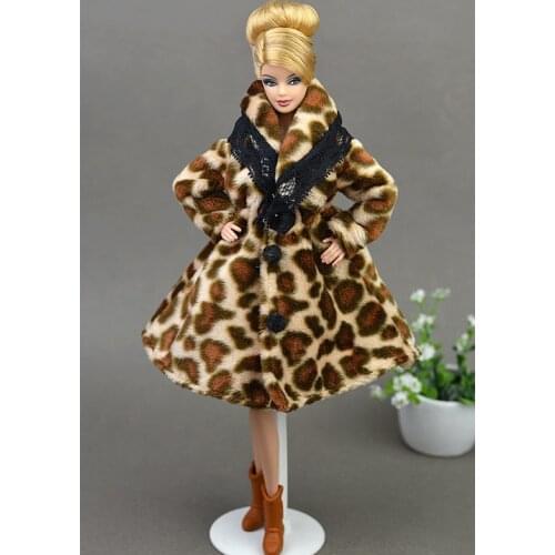 Fashion Leopard Winter Fur Coat For Barbie Dolls Clothes Long Dress Vestido Coat For 1/6 BJD Doll House Doll Accessories