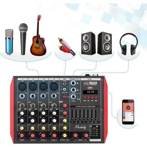 Muslady D6 Portable 6-Channel Mixing Console Mixer 7-band EQ Built-in 48V Phantom Power Supports BT Connection USB MP3 Player