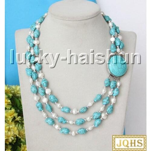 Natural Baroque 17" 3row white pearls blue turquoise necklace c2