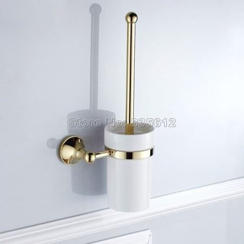 New Arrivals Gold Color Polished Brass Wall Mounted Bathroom WC Toilet Brushes Toilet Brush Holder and Ceramic Cup Set Wba879
