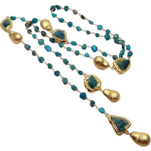 YYGEM Natural Blue kyanite Rough Nugget Gold color Brushed Bead Long Necklace 40" sweater chain necklace for women