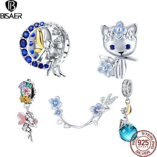 BISAER 2019 New 925 Sterling Silver Night Fairy Round Beads Angel Charms fit Charm Bracelets Bangles Silver 925 Jewelry EFC070