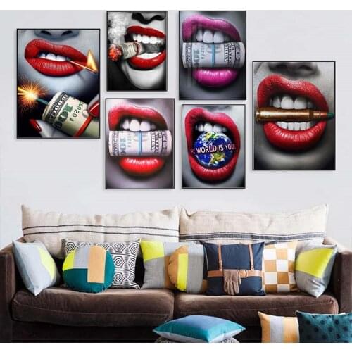 Self-adhesive Wall Sticker Sexy Girl Red Lips Gold Wall Art Painting Wallpapers Posters Prints Pictures for Living Room Decor