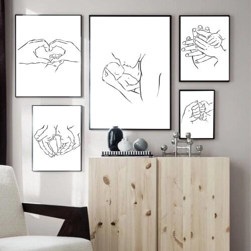 Family Portrait Mom Baby Art Line Drawing Posters Abstract Minimalist Hands Heart Wall Canvas Print Painting Decorative Pictures