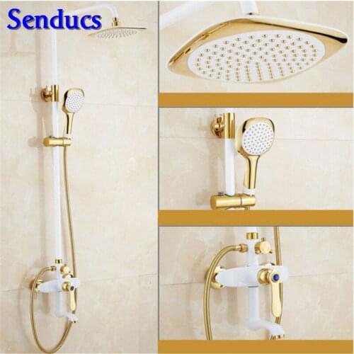 Senducs White Gold Bathroom Shower Set Single Lever Brass Bathroom Mixer Faucet Inwall Mounted White Bathroom Shower System