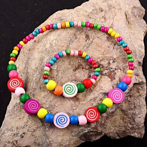 TopHanqi Girls Colorful Wood Beads Necklace Bracelet Set Handmade Strawberry Jewelry Set Gift For Kids Childrens Birthday party