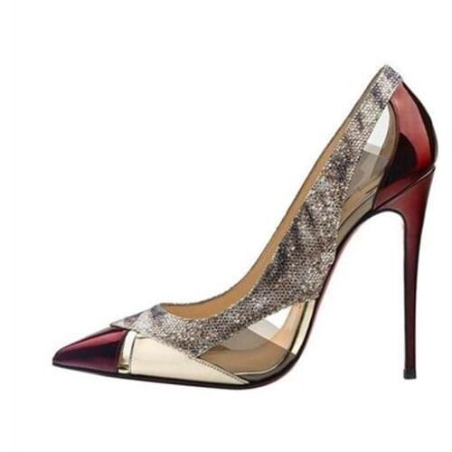 Dark Red Patent Leather Patchwork Dress Shoes 12 10 8cm Stiletto Heels PVC High Heels Pumps Mixed Glitter Sankeskin Party Shoes