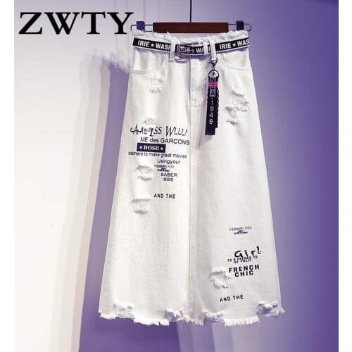ZWTY Women Sexy Letter Printing Ripped Denim Skirts Fashion High Waist Large Size A-Line Hole Jeans Skirt S/5Xl White Saias