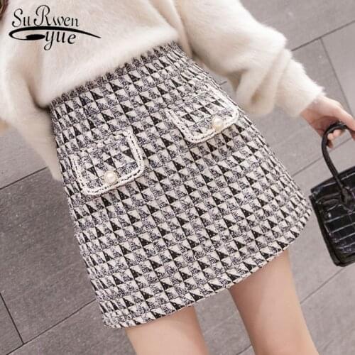2019 Autumn Winter Women Elegant Plaid Skirt Casual Vintage Mini Skirts Fashion High Waist Woolen A-Line Skirt 7476 50