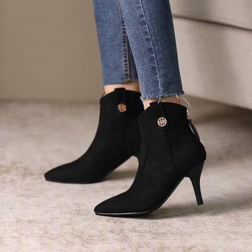 2021 Thin High Heel PU Leather Women Shoes Spring Autumn Zipper Peep Toe Fashion Female Ankle Boots Big Size 34-48