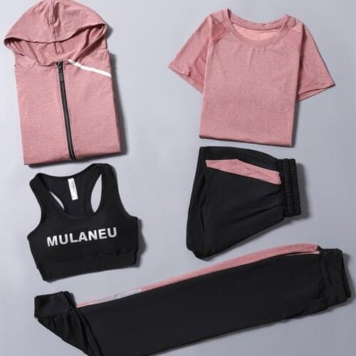 4XL Women Yoga Suits Fitness Gym Coats Bra T Shirt Sports Running Shorts Pants Sportswear 5 Piece Set Plus Size Clothing