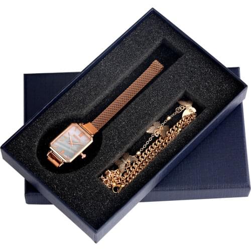 Ladies Square Watch Gift Set Women Quartz Watch Rose Gold Mesh Band Magnetic Buckle Chic Bracelet 2 Pcs Gifts Box For Mom Mother
