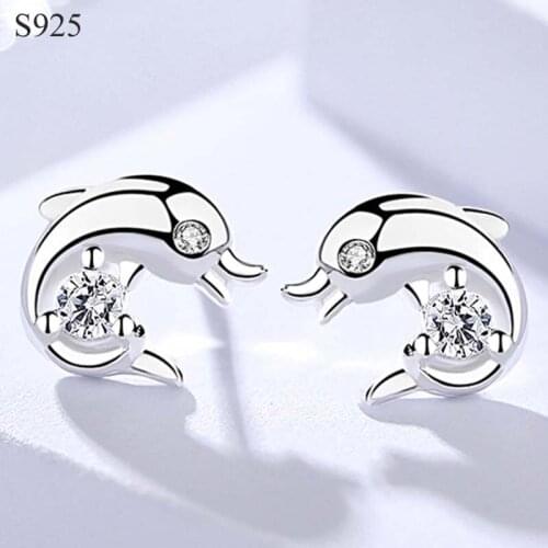 100% Genuine Real Pure Solid 925 Sterling Silver Stud Earrings Women Jewelry Lovely Dolphin Cubic Zircon Female Silver Earrings