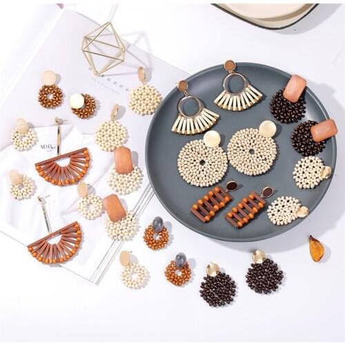 YAOLOGE 23 Style New Fashion Korean Wooden Handmade Geometric Wood Round Square Bamboo Rattan Knit Drop Earrings For Women 2019