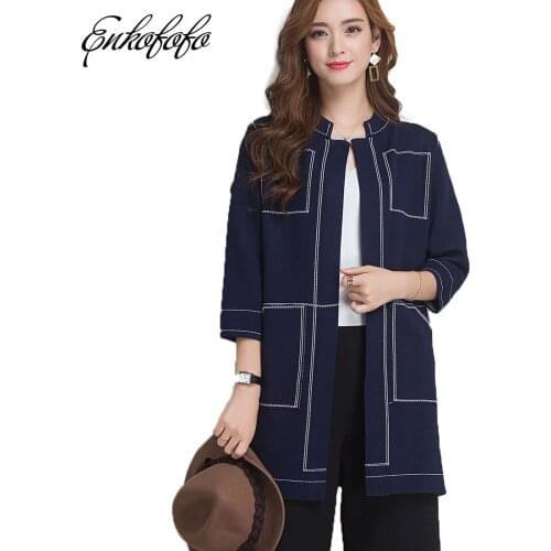 2018 New Spring and Autumn Cardigan Women Casual Long Knitted Loose Solid Color Pockets Design Sweater Jacket Black Navy Blue