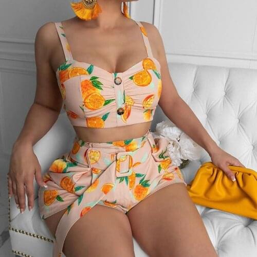 Sexy Lemon Print Two Piece Set Summer Clothes for Women Strap Crop Top and Shorts Set Sweet Vacation Beach 2 Piece Club Outfits