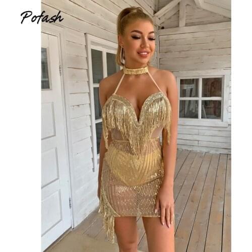 Pofash Gold Tassel Halter Mini Dresses For Women Clothing Backless Sexy Club Party Bodycon Dress Sleeveless Summer Vestidos 2021