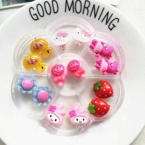 7 Pairs Fashion Cute Children jewelry baby girl Earrings kids animal ear clip on Pierced Cartoon duck pink Earrings Party Gift