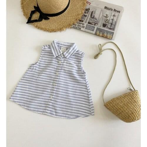 New 2020 Summer Baby Girls Turn Down Collar Blouses Sleeveless Striped Tops Korean Style Toddlers Kids Princess A Line Shirts