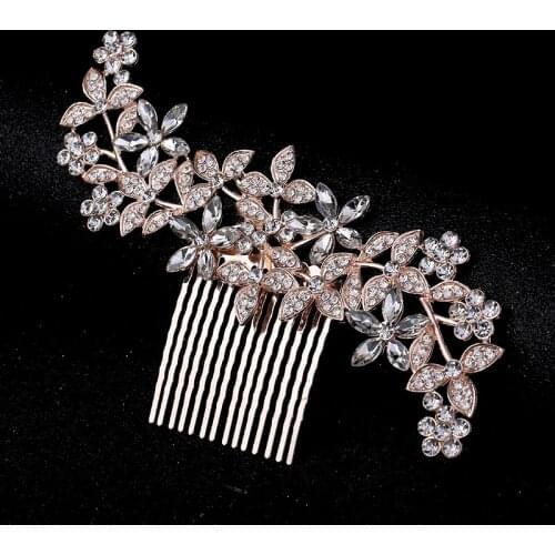 Fashion Elegant Alloy Rose Gold Headpiece Flower Crystal Prom Wedding Hair Comb Rhinestone Bridal Women Jewelry