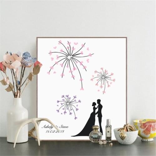 HAOCHU Fingerprint Tree Signature Canvas Painting Heart Fireworks Bride&Bridegroom Wedding Gift Wall Home Party DIY Decoration
