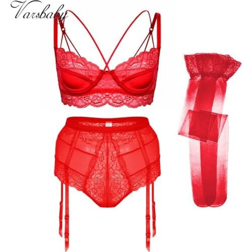 Varsbaby Sexy Beauty Back Y-lined Deep V Unlined Lace 3/4 Cup Bra Set Bra+Panties+Stockings 3 Pcs