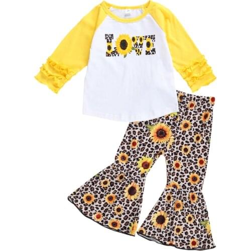 Infant Kids Baby Girl’s Long-sleeved Trousers Suit Fresh Letter Sunflower T-shirt and Elastic Leopard Trumpet Pants 1-6Years