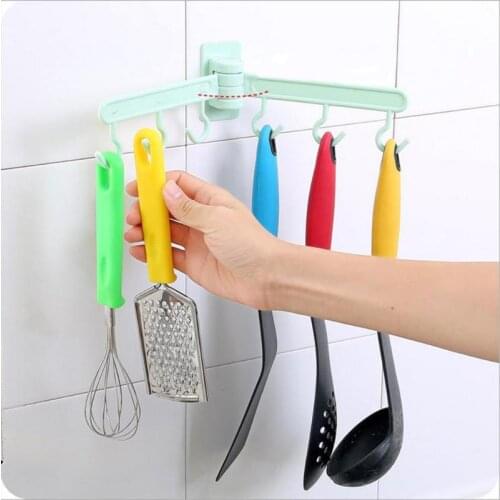 180 Degree Rotate Kitchen Hook Multifuntion 6 Hooks Strong Suction Cup Cabinet Wall 4 Colors Bathroom Storage Free Nail
