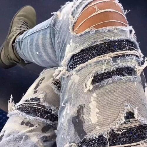 Fashion 2020 Black Rhinestone Elastic Jeans Men Vintage Slim Denim Pencil Pants High Street Frayed Ripped Hole Casual Trousers