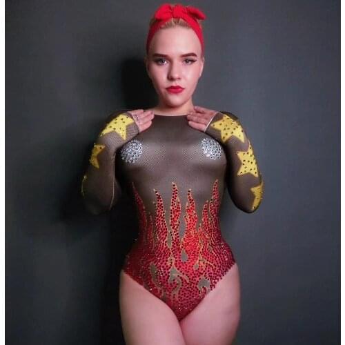 Fashion Women Nightclub Star Fire Pattern Rhinestone Slim Jumpsuits Sexy Women Shining Pole Dance Costumues Women DS Dance Wear