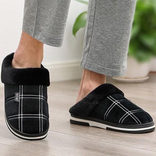 Mens Slippers Home slippers Size 50 Warm Antiskid Sturdy Sole House shoes for men Gingham Velvet Suede Fur slippers