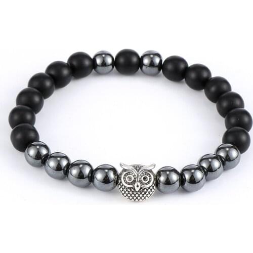 Natural Stone Black Hematite Labradorite Beads Alloy Owl Charm Bracelet For Men Women Lava Rock Rossry Male Elastic Bracelets