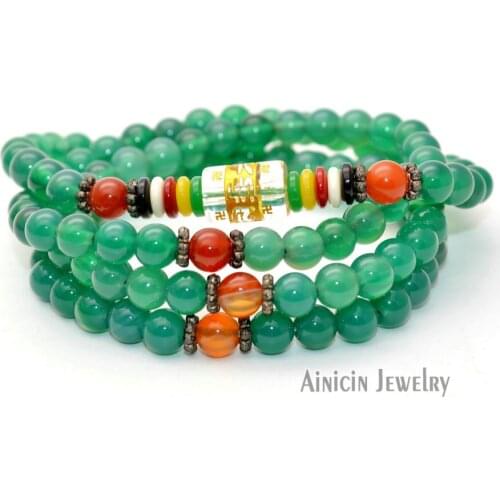 Om Mani Padme Hum Carved On Barrel Beads Natural Green Agate 6mm Beaded Strand Multi-layer Bracelets Fashion Women Jewelry