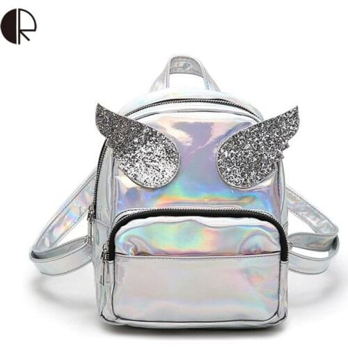 Hot Women Laser Backpack Girls Mini School Bag Ladies PU Leather Angle Wings Backpack Bling Sequins Small Travel Bags for Girl