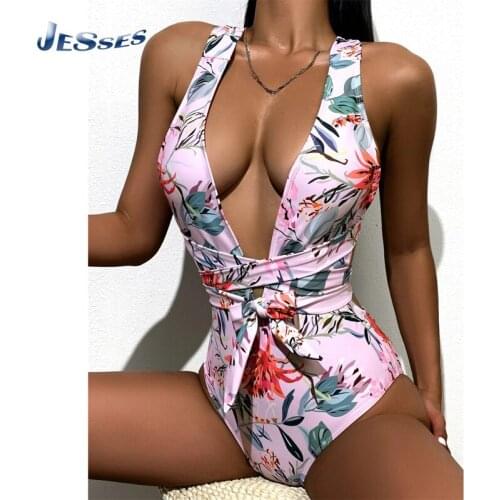 2021 Sexy One-piece Swimsuit Feminine Print Bikini Strap Deep V-neck Swimwears For Ladies Beaching Bather Swimming Women Suits