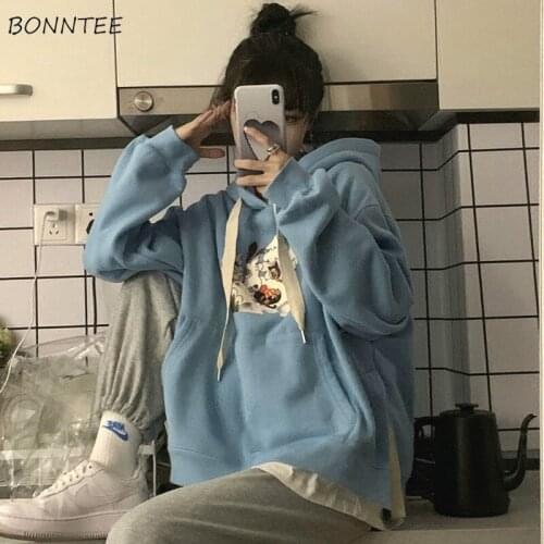 With Hat Hoodies Sweatshirt Women Cartoon Chic Fall Thicer Soft Harajuku Teens Clothing All-match Daily Loose Fashion Teens Ins