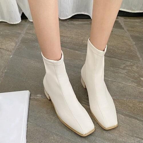 2020 Autumn Black PU Leather Ankle Boots Women Fashion Back Zipper Square Heel Boots Elegant Beige Square Toe Shoes Woman