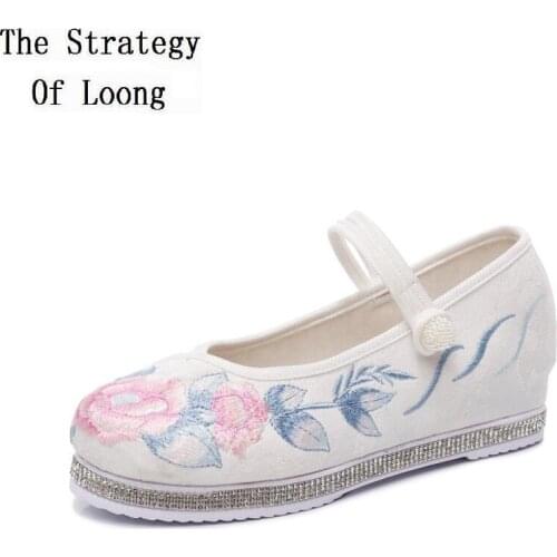 Spring Autumn China Style Retro Increasing Height Wedges Shallow Buckle Embroider Canvas Women Pumps Ladies Casual Shoes 202104