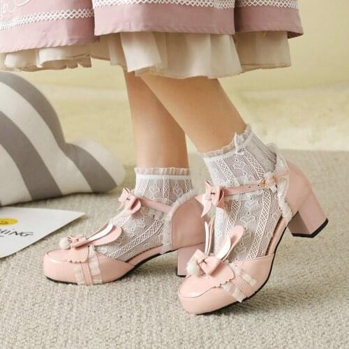 Sweet Lovely Bow Lolita Women Shoes Bunny Ear Style 5.5cm Round Toe Buckle Lace High Heels Covered Toe Sandals Large Size34-43