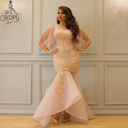 Elegant Women Long Mermaid Blush Pink Prom Dresses 2019 Saudi Arabic High Low Evening Dress Dubai Kaftan Formal Party Gowns
