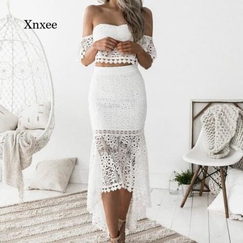 2021 Summer Ladies White Lace Dress 2-Piece Sexy Slash Halter Pencil Dress